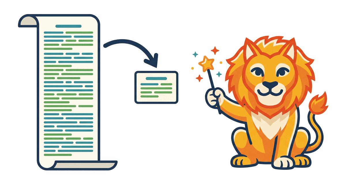 The Lion Reader lion waving a sparkling magic wand to condense a long scroll into a short summary card.