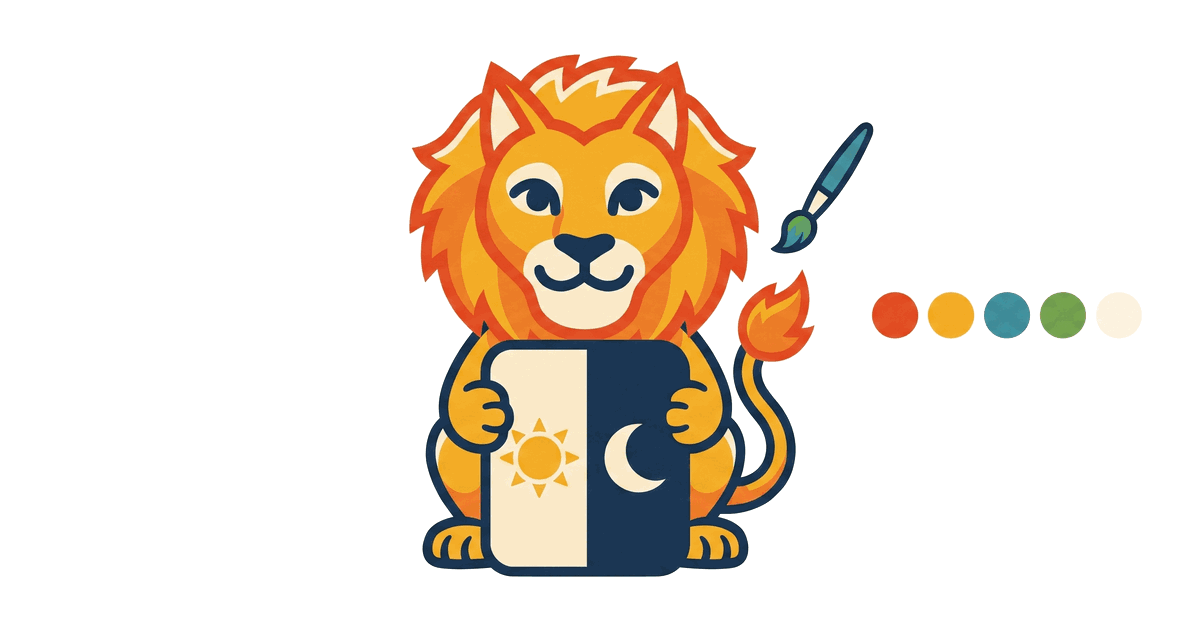 The Lion Reader lion holding a card split into a light half with a sun and a dark half with a moon, with a paintbrush and color swatches.