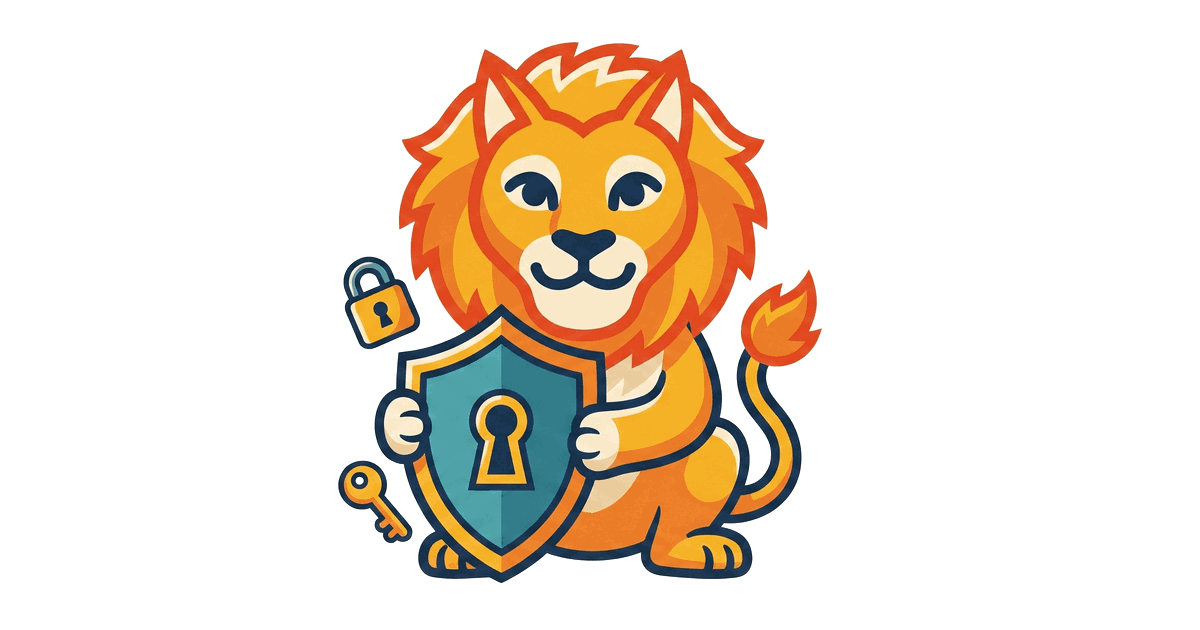 The Lion Reader lion holding up a shield emblazoned with a keyhole, with a padlock and key floating nearby.