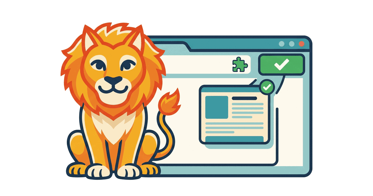 The Lion Reader lion beside a browser window with a puzzle-piece extension icon saving an article in one click.