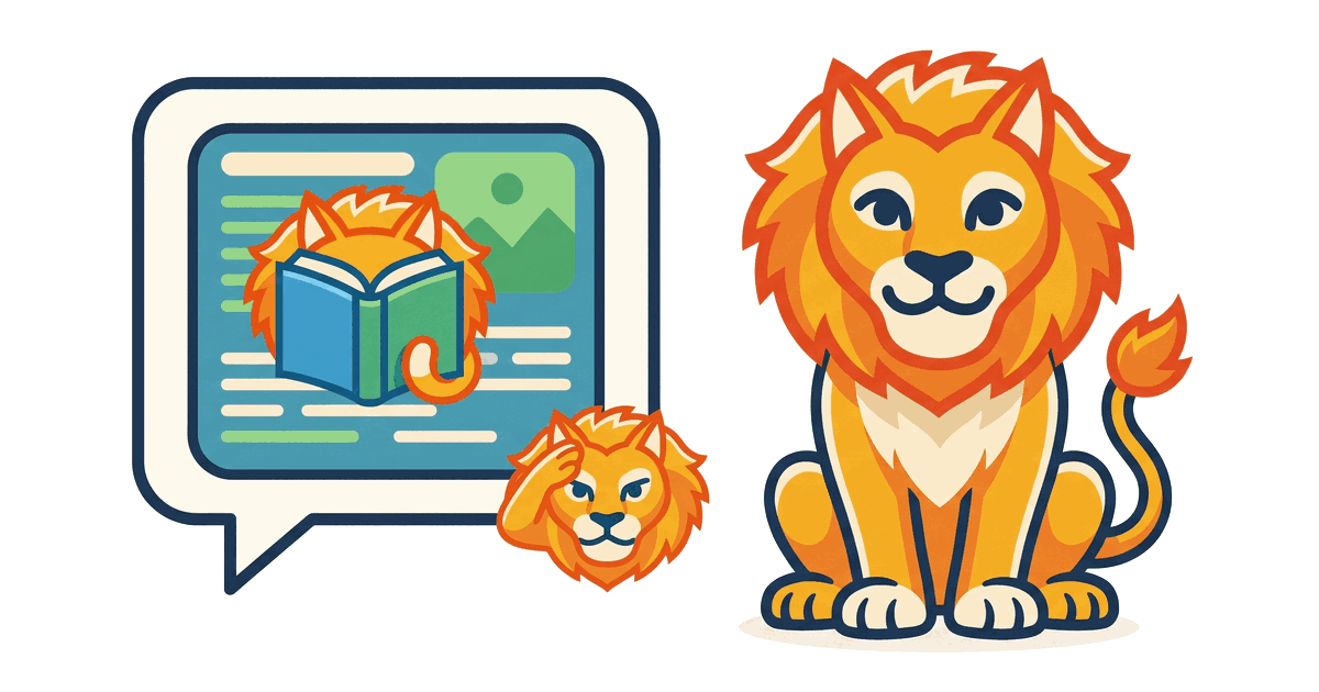 The Lion Reader lion beside a chat bubble where an article is saved with the book-reading Lion Reader emoji reaction, with a saluting lion emoji confirming.