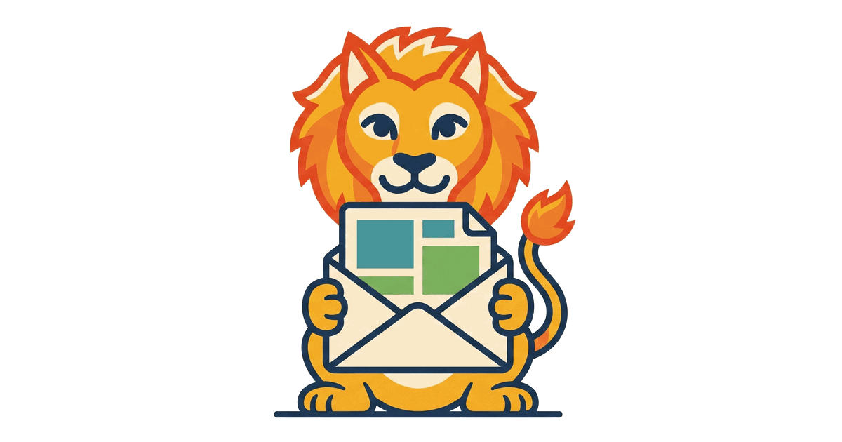 The Lion Reader lion happily pulling a folded newsletter out of a large envelope.