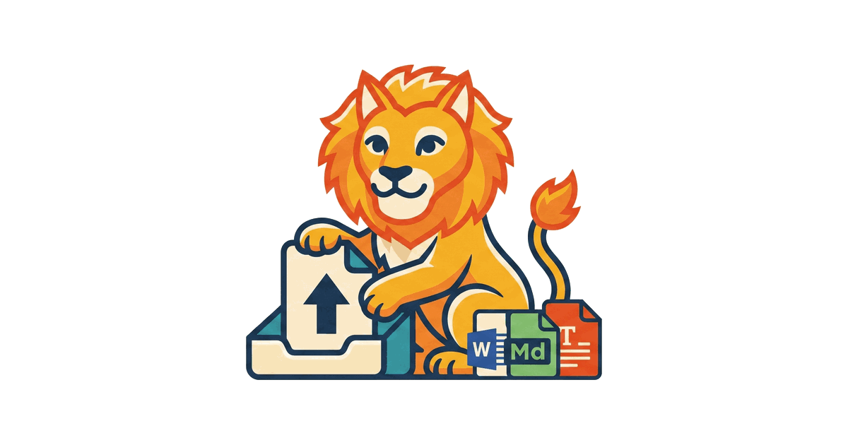 The Lion Reader lion placing a document into an upload tray, with Word, Markdown, and text file icons nearby.