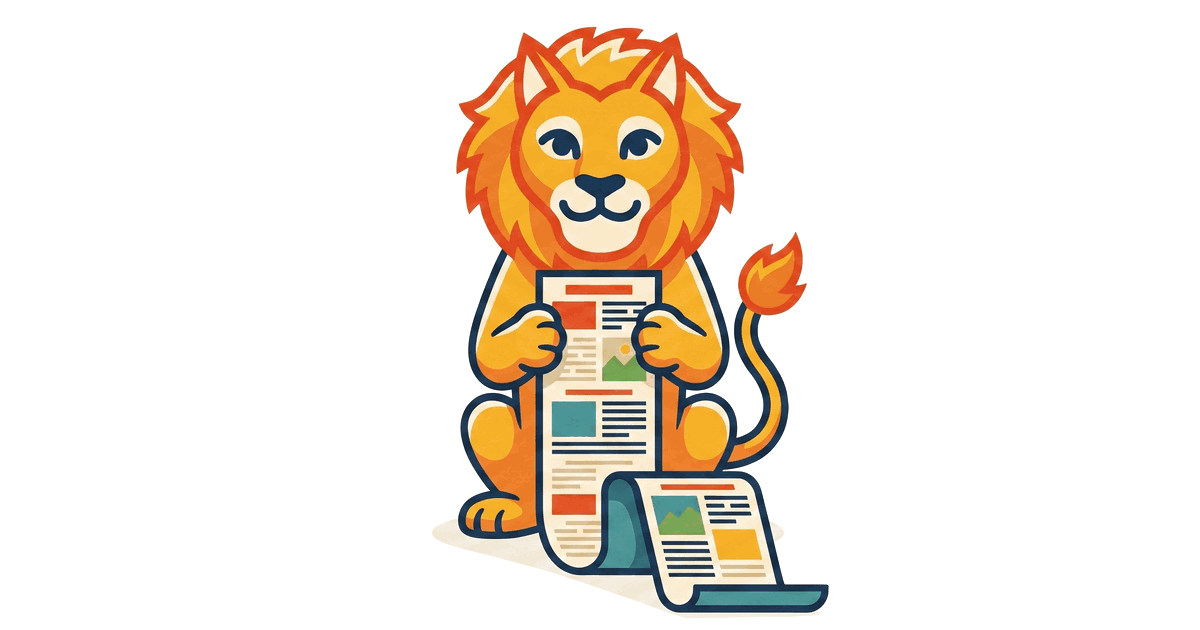 The Lion Reader lion holding a short excerpt that unfolds into a long, full-length article page.