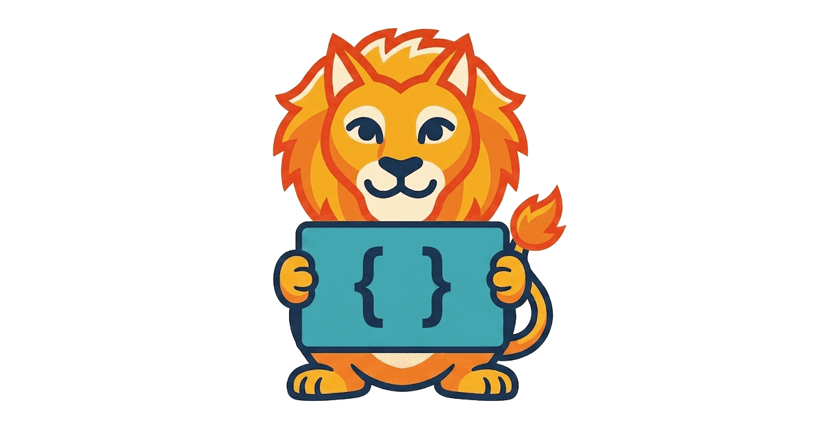 The Lion Reader lion holding a feed card marked with curly braces, representing the JSON Feed format.