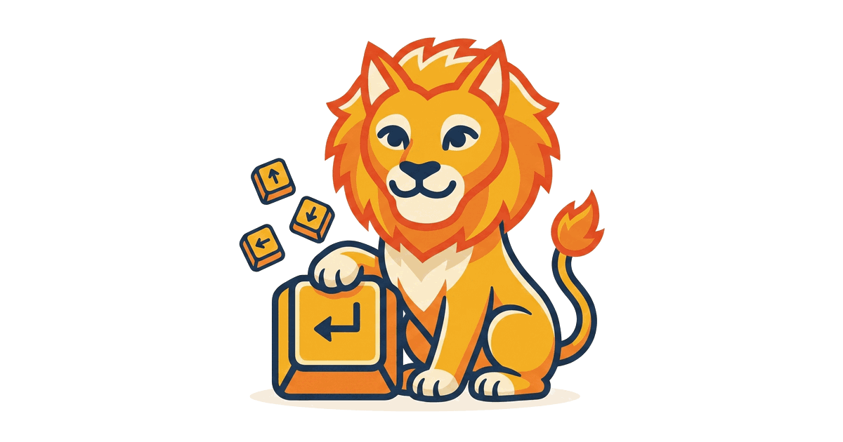The Lion Reader lion tapping a large keyboard key, with arrow keycaps floating nearby.