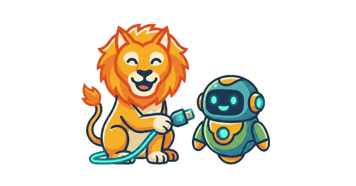 The Lion Reader lion plugging a connector cable into a friendly robot AI assistant, linking the two together.