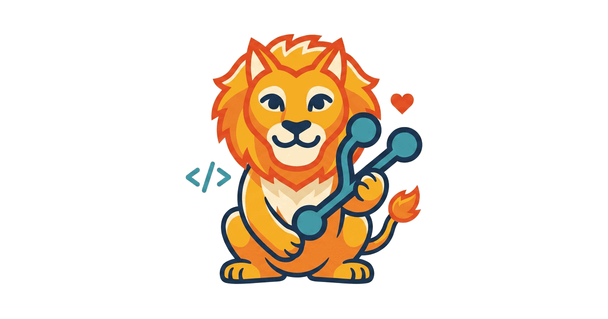 The Lion Reader lion holding up a git branch symbol with a code tag and a small heart nearby, representing open-source software.