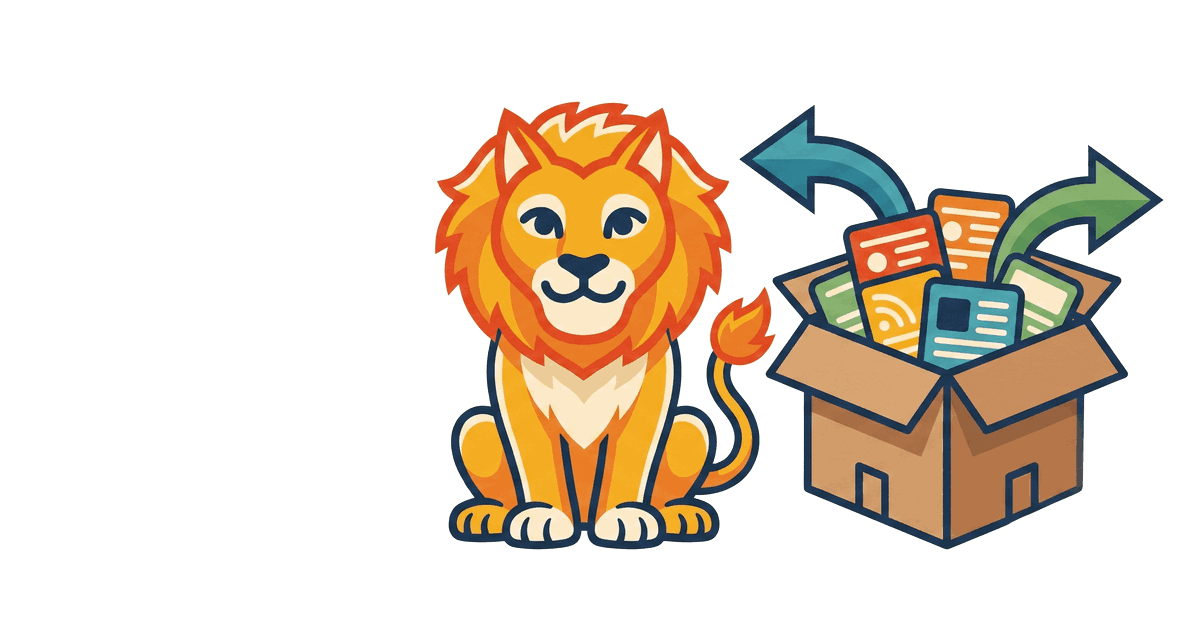 The Lion Reader lion beside a moving box of feed subscriptions with import and export arrows.