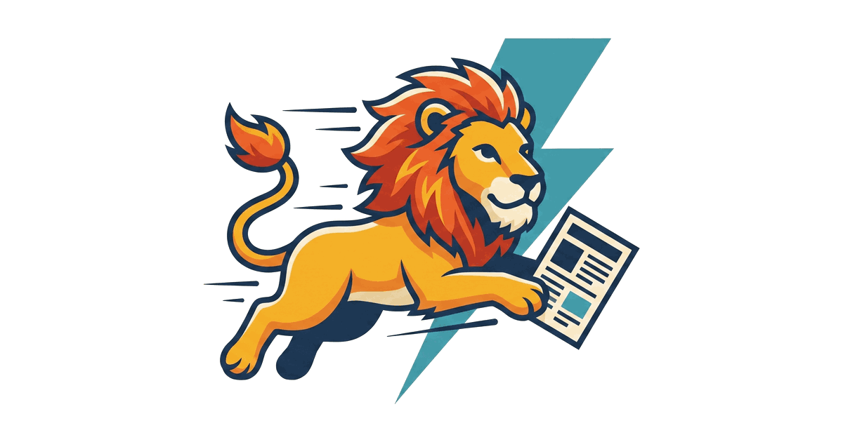 The Lion Reader lion dashing forward with speed lines and a lightning bolt while holding an article card.