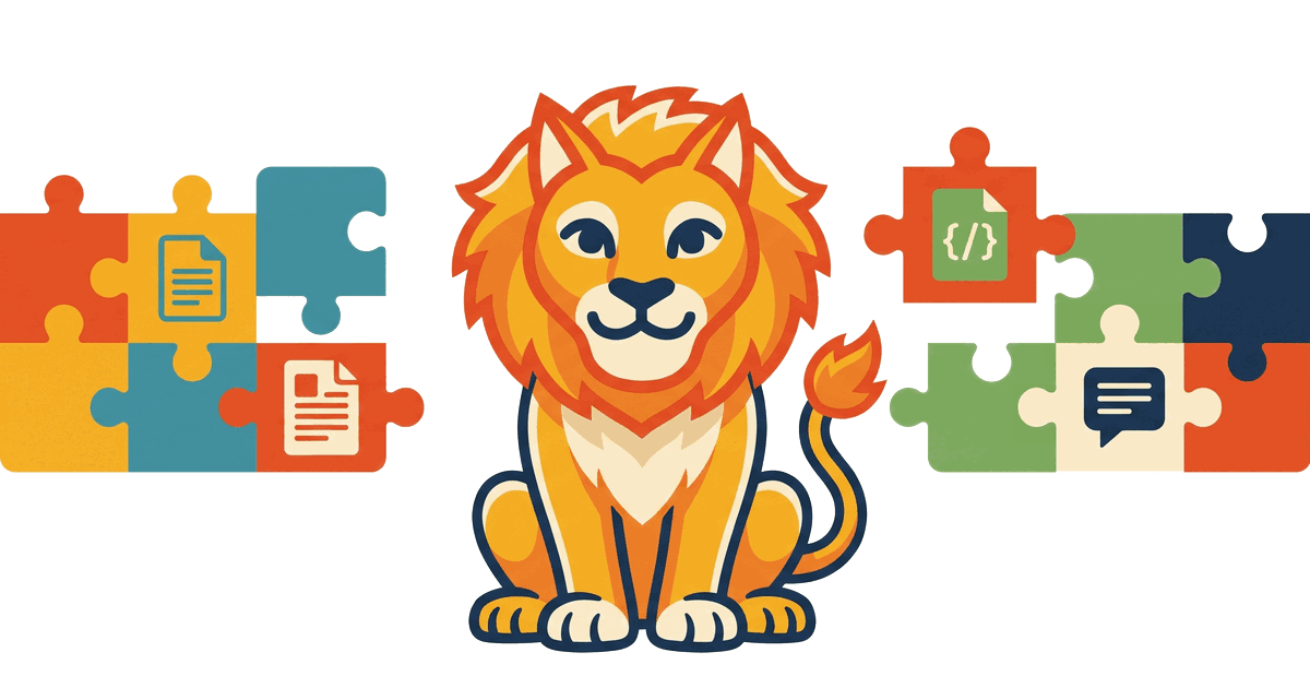 The Lion Reader lion with colorful modular puzzle pieces for different content sources snapping into place.