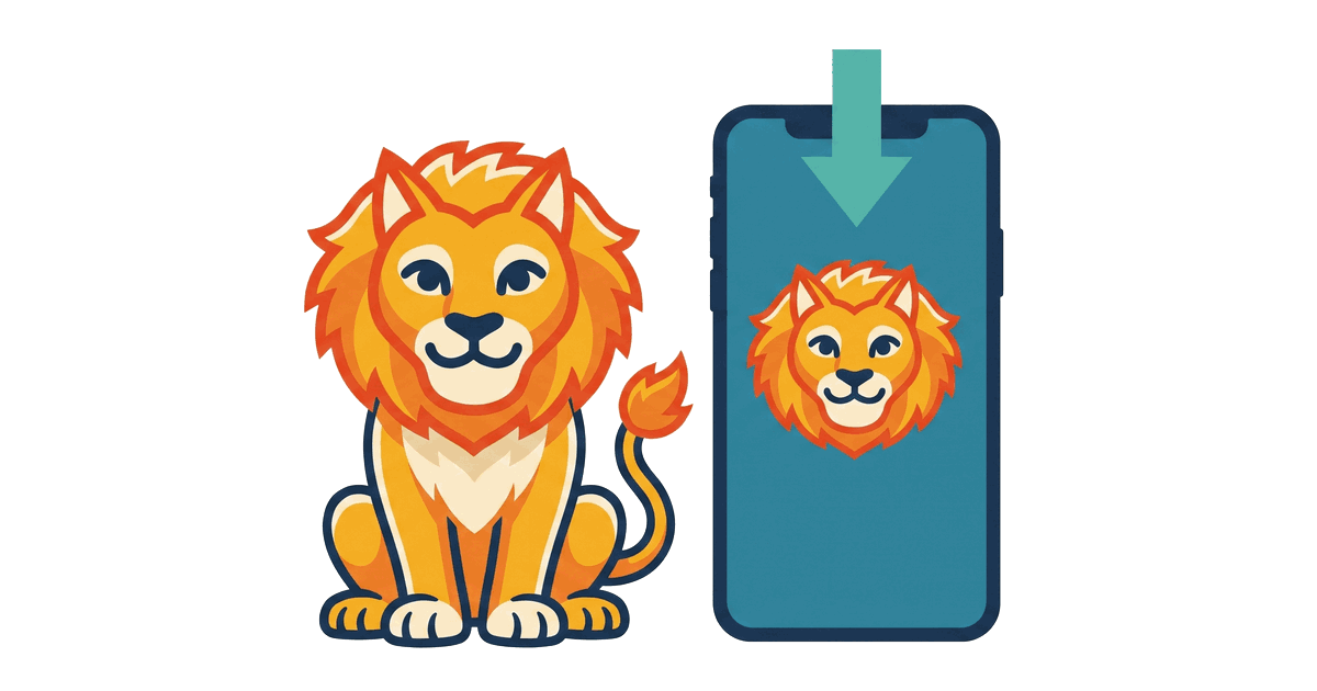 The Lion Reader lion beside a phone showing the installed Lion Reader app, with a download arrow.