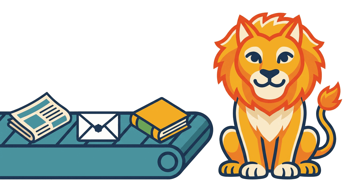 The Lion Reader lion reading while a conveyor belt delivers a steady stream of fresh newspapers, emails, and books.