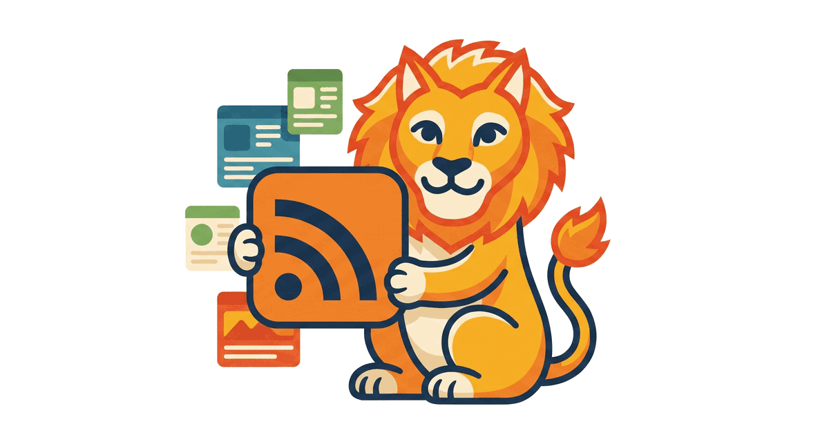 The Lion Reader lion holding up the classic orange RSS feed icon, with feed cards floating nearby.