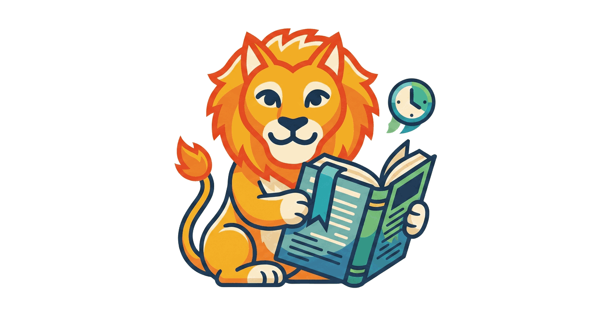 The Lion Reader lion placing a bookmark ribbon into an open book to save its place, with a clock nearby.