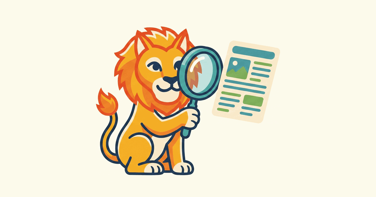 The Lion Reader lion peering through a large magnifying glass at a floating article card.
