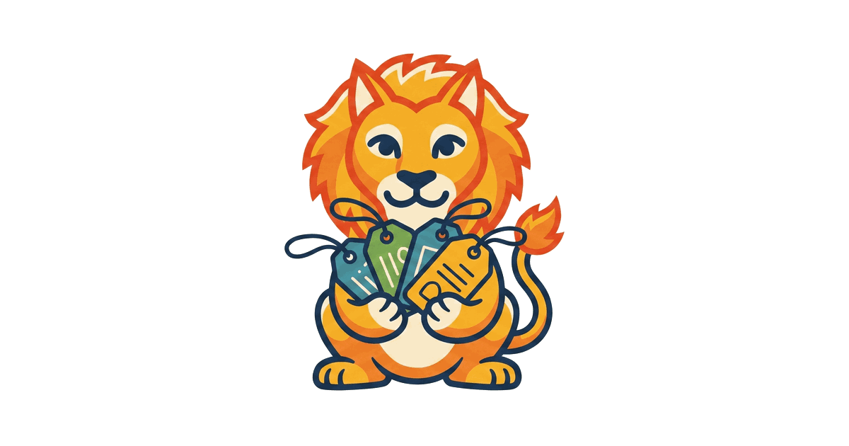 The Lion Reader lion holding up a fan of colorful tag labels in teal, green, and gold.