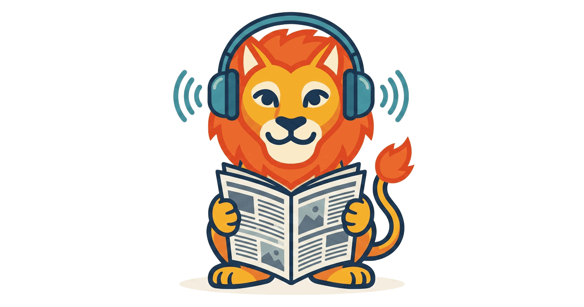 The Lion Reader lion wearing headphones and reading a newspaper as an article is read aloud, with sound waves rising from the page.