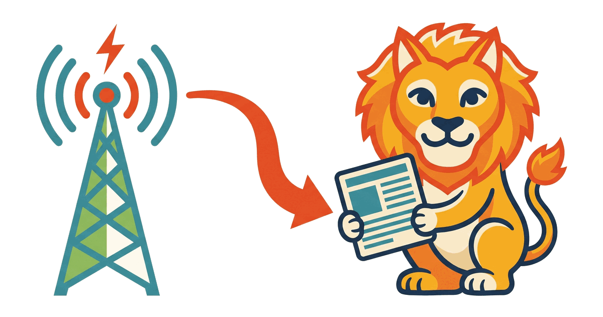 A broadcast tower instantly pushing a fresh article card to the Lion Reader lion.