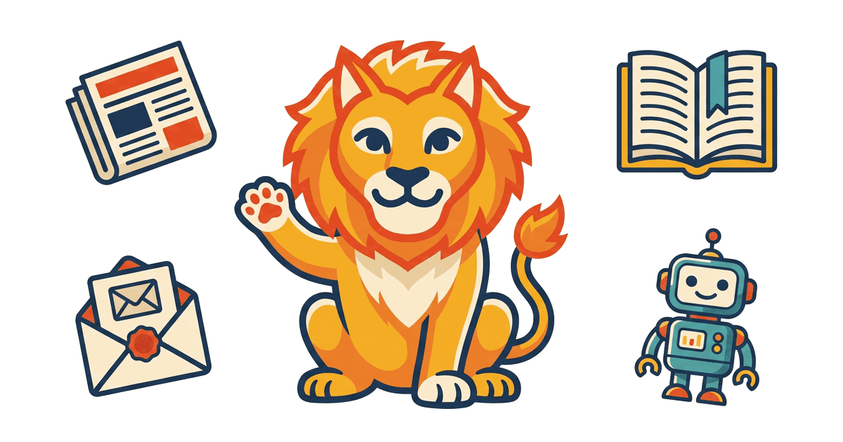 The Lion Reader lion waving hello, surrounded by feature motifs: a newspaper, a book with a bookmark, an email envelope, and a friendly robot.